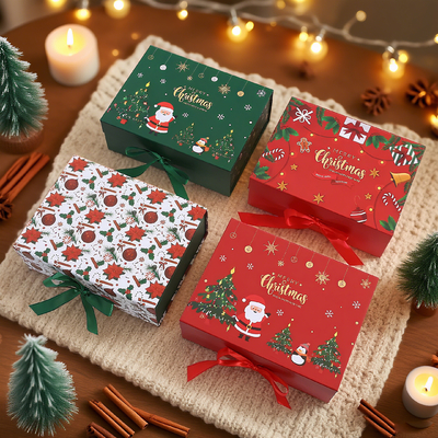 靴下用中小企業向けユニークリボン、カスタム高級ボール紙クリスマスギフトボックス、マグネット開閉、UVラミネート加工